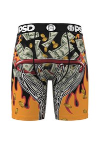 Fascia nera con logo "PSD"; tessuto arancione con banconote, fiamme e monete in un design grafico. Lunghezza fino a metà coscia, forma aderente.