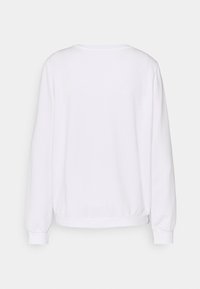 Jednoduchá bílá mikina s dlouhým rukávem, kulatým výstřihem, žebrovanými rukávy a žebrovaným spodním lemem, zobrazená zezadu na neutrálním pozadí.