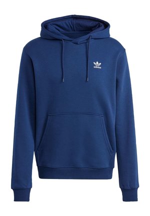 Sweat à capuche Adidas bleu marine avec poche kangourou à l’avant, capuche avec cordon, poignets côtelés et petit logo blanc Adidas sur la poitrine.