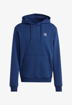 Marineblaue Adidas-Kapuzenjacke mit vorderer Kängurutasche, Kordelzugkapuze, gerippten Bündchen und kleinem weißen Adidas-Logo auf der Brust.