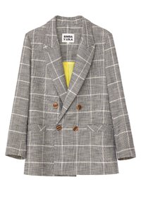 Blazer croisé à carreaux gris et blanc avec quatre boutons marron et une doublure intérieure jaune de Bimba Y Lola, taille 38.