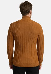 Brauner gerippter Pullover mit hohem Kragen und langen Ärmeln, versehen mit einem strukturierten Strickmuster sowie anliegenden Bündchen und Saum.