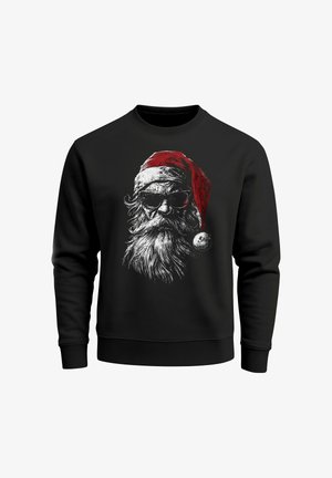 Black sweatshirt featuring a graphic of Santa Claus with sunglasses, a red hat, and a white beard, printed in black and white.