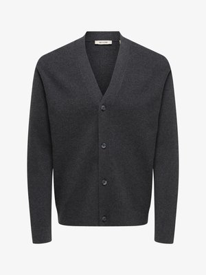 Dark gray cardigan made of solid knit fabric. Features a V-neck, long sleeves, and six-button closure with contrasting buttons.