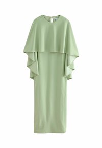 Robe midi verte avec un design de cape superposée, encolure ronde et détail de dos en forme de trou de serrure, fabriquée en tissu lisse avec une finition mate.