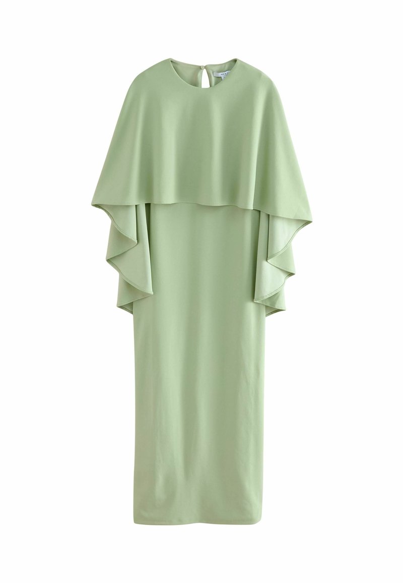 Robe midi verte avec un design de cape superposée, encolure ronde et détail de dos en forme de trou de serrure, fabriquée en tissu lisse avec une finition mate.