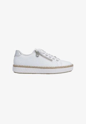 White casual sneaker with textured upper, silver zipper detail beside white laces, and thick ridged sole with woven trim.