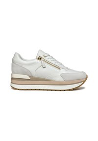 Sneaker bianco caratterizzato da un mix di materiali lisci e testurizzati, accentuato da una cerniera laterale e una suola stratificata beige.
