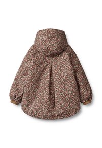 Giacca con motivo floreale e cappuccio, caratterizzata da uno sfondo scuro e piccoli fiori colorati. Include polsini elasticizzati e una vestibilità rilassata.