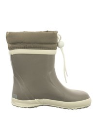 Botte de pluie en caoutchouc taupe avec un bord en tissu. Présente une semelle d'accent blanche, un cordon de serrage pour un maintien sécurisé et une semelle extérieure en caoutchouc texturé.