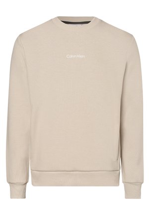 Felpa beige a collo giro realizzata in tessuto testurizzato. Presenta polsini e orlo a costine, con il logo "Calvin Klein" in bianco sulla parte anteriore.
