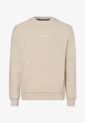 Felpa beige a collo giro realizzata in tessuto testurizzato. Presenta polsini e orlo a costine, con il logo "Calvin Klein" in bianco sulla parte anteriore.