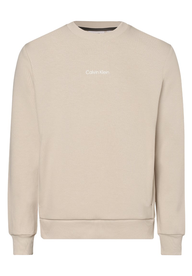 Sudadera de cuello redondo en color beige hecha de un tejido texturizado. Presenta puños y dobladillo acanalados, con el logo "Calvin Klein" en blanco en el frente.