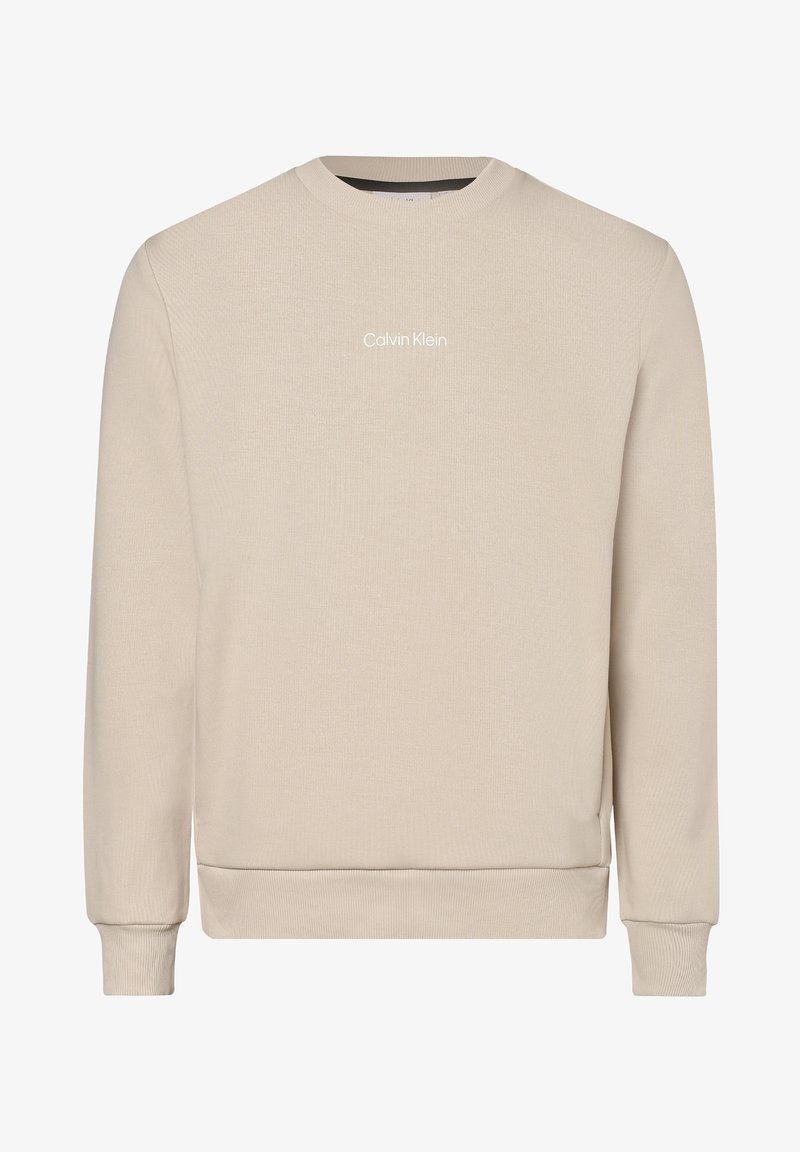 Beige sweatshirt med rund hals tillverkad av textil med struktur. Har ribbade mudd och nederkant, med "Calvin Klein"-logotyp i vitt på framsidan.