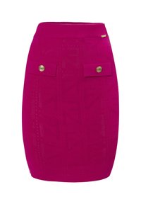 Fuchsia Strick-Bleistiftrock mit einem strukturierten Muster und zwei vorderen Taschen, jeweils mit einem goldenen Knopfakzent.