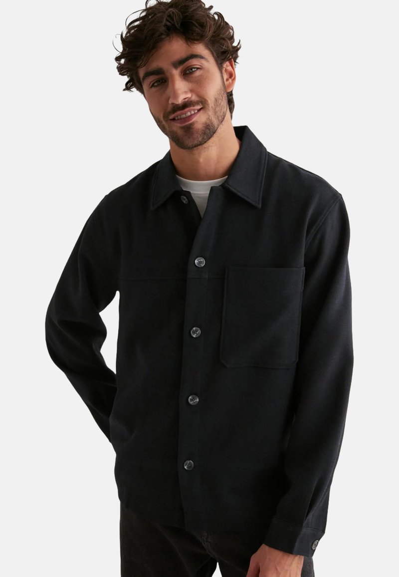 Camisa de botones azul marino oscuro hecha de tejido texturizado, con cuello estándar, bolsillo frontal y detalles de botones en contraste.