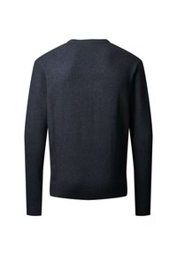 Suéter gris oscuro con cuello redondo, mangas largas y dobladillos acanalados. Textura suave y diseño sencillo sin patrones ni adornos visibles.