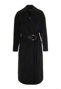 Cappotto lungo nero con colletto a punte, vita con cintura e tasche laterali. Realizzato in tessuto testurizzato, presenta un grande dettaglio con fibbia.
