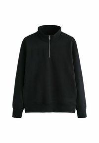Zwart fleece sweatshirt met hoge kraag en een half-rits voorkant, met ribstof manchetten en een ontspannen pasvorm. Zachte textuur.