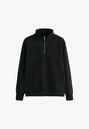 Sort fleece sweatshirts med høj krave og halvlukning foran, ribbede manchetter og en afslappet pasform. Blød tekstur.