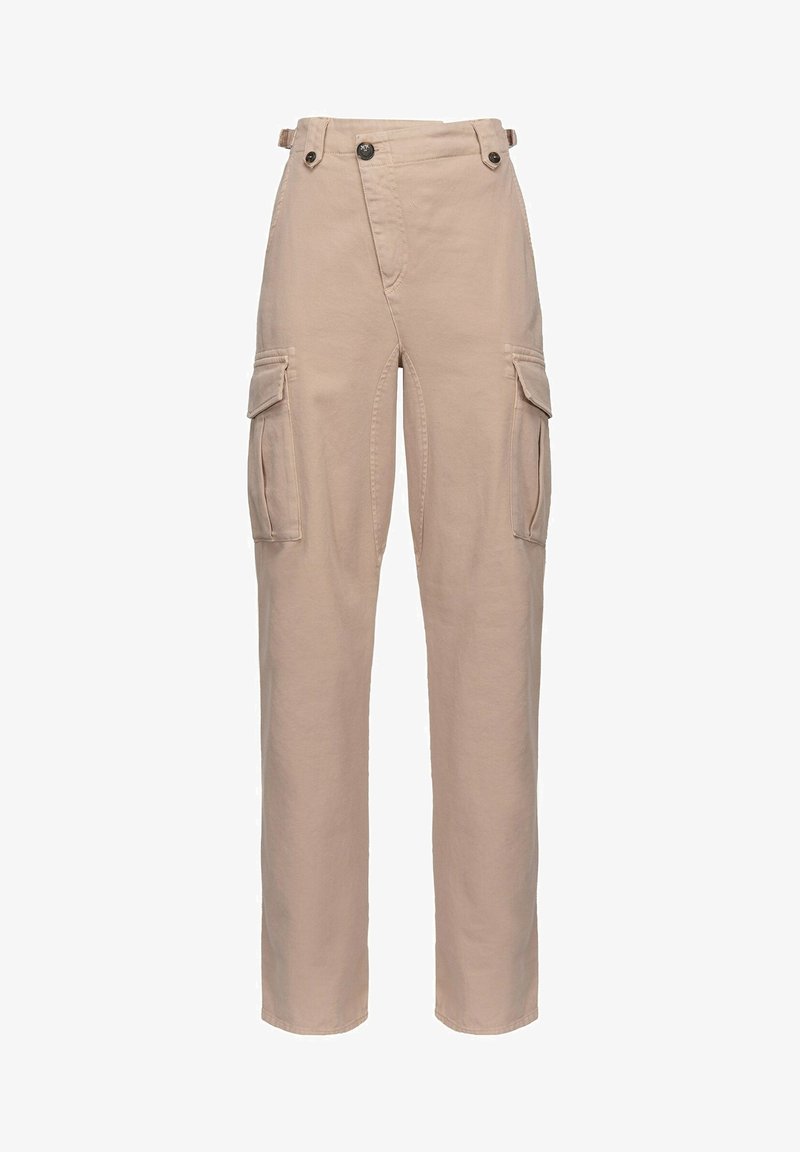 Beiga cargobyxor i bomull med två sidofickor, hög midja och raka ben med dubbel knappstängning.