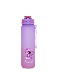 Purple gradient water bottle with pink lid, flip cap, carrying strap, and illustration of a girl in a striped hat with birds and "Anemos" text.