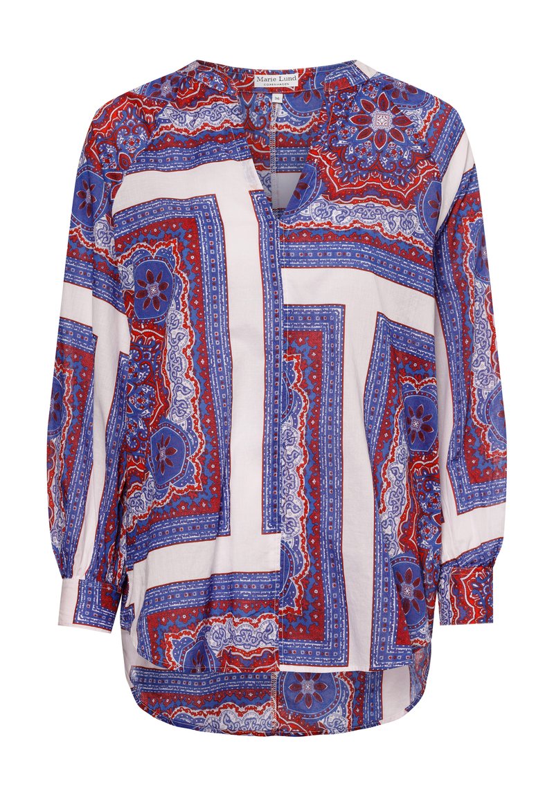 Langärmlige Bluse mit weißem Grund und einem rot-blauen geometrischen Paisleymuster, V-Ausschnitt und lockerer Passform. Weicher, leichter Stoff.