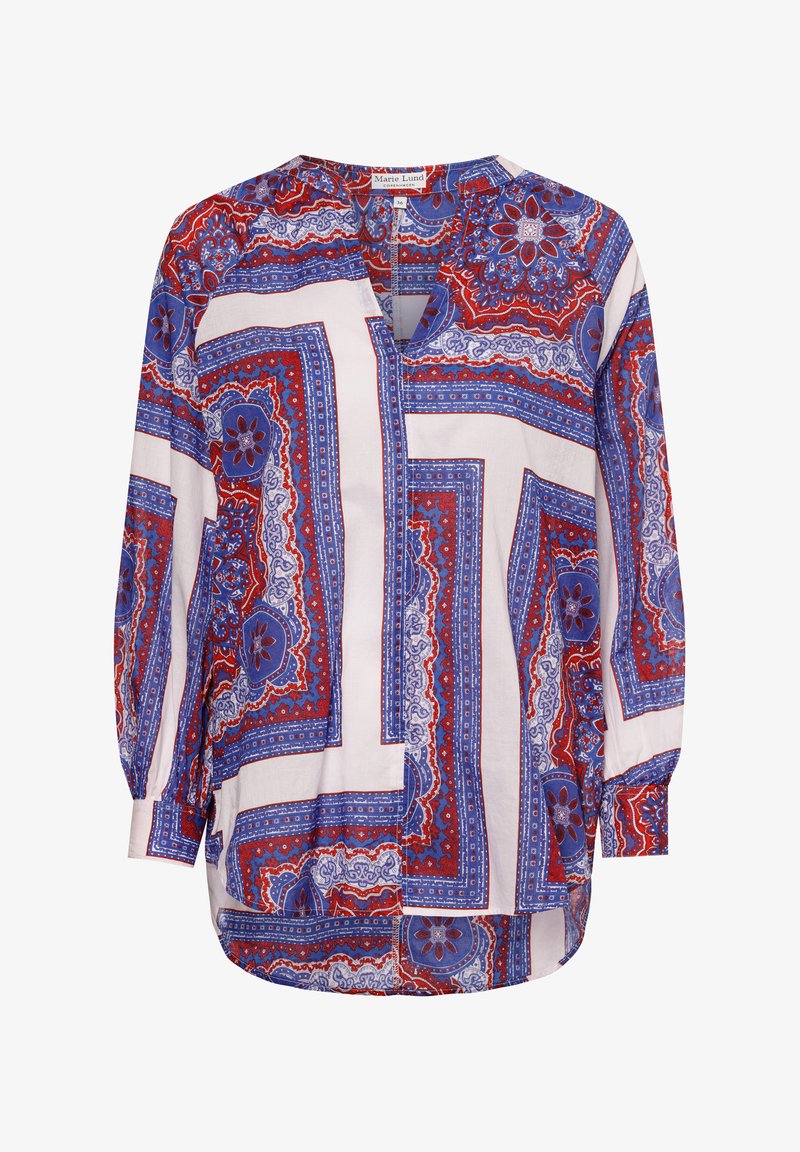 Langärmlige Bluse mit weißem Grund und einem rot-blauen geometrischen Paisleymuster, V-Ausschnitt und lockerer Passform. Weicher, leichter Stoff.