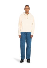 Hooded sweatshirt in soft cream with drawstring, front pocket, paired with blue straight jeans and black sneakers. Simple, casual design.