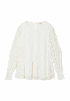 White lace long-sleeve blouse with a round neckline, gathered peplum hem, and elasticized cuffs featuring intricate floral patterns throughout.