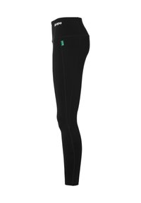 Zwarte legging met een hoge tailleband, gemaakt van rekbaar materiaal. Kenmerkt zich door subtiele stikdetails en een klein groen Kampa-logo op de heup.
