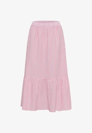 Jupe rayée rose et blanche avec un bas évasé et à plusieurs niveaux. Taille élastique pour le confort, fabriquée en tissu léger.