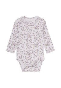 Långärmad babybodysuit i ljuslila med blommönster. Har en volangkrage och volangärmar, tillverkad av mjukt ribbat tyg.