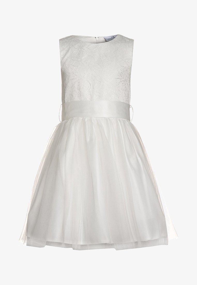 Bílé šaty s krajkovým korzetem, kulatým výstřihem a bezramínkovým designem. Sukně z tylu s rozšířeným střihem, sametovým pasem a zadním zipem.