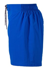 Shorts bleus en tissu léger, dotés d'une taille élastique froncée avec cordon de serrage et d'une poche latérale.