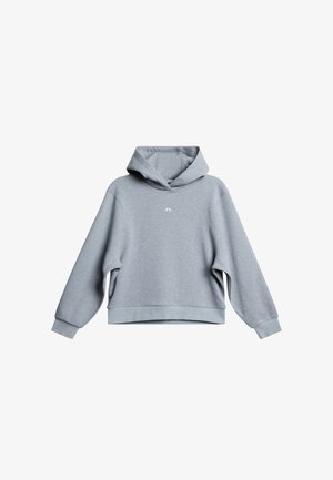 Lichtgrijze hoodie met lange mouwen en een klein wit logo in het midden van de borst.