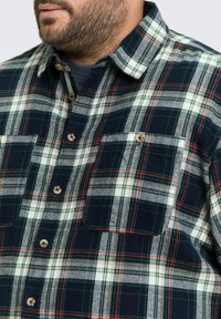 Marineblauw en witte geruite flanellen shirt met rode en groene accenten, knoopsluiting aan de voorkant, twee borstzakken en een klassieke kraag. Zachte textuur.