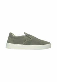 Slip-on afslappet sneaker i gråt ruskind med hvid gummisål, rundet tå og lavt snit.