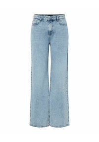 Svijetloplave široke traperice napravljene od denima. Imaju visoki struk, pet džepova i vidljivo šivanje s izblijedjelom teksturom kroz cijelu površinu.