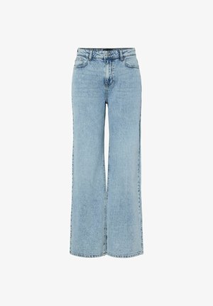 Svijetloplave široke traperice napravljene od denima. Imaju visoki struk, pet džepova i vidljivo šivanje s izblijedjelom teksturom kroz cijelu površinu.