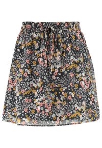 Blommig kjol i svart tyg med elastiskt midjeband och dragsko. Har flerfärgade blommor i rosa, gult och blått.