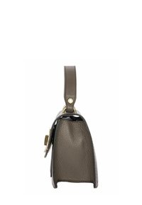 Sac à main en cuir gris avec une forme structurée, doté d'une poignée supérieure, de quincaillerie en ton doré et d'une surface texturée. Profil latéral remarquable.