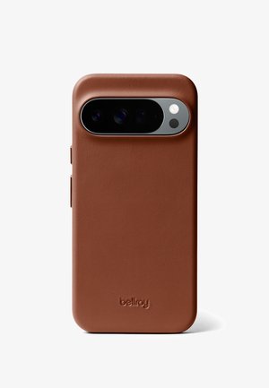 Brown leather smartphone case with triple rear cameras and flash, embossed with "bellroy" logo at the bottom center.
