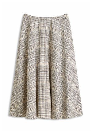 Beige A-line skirt with a textured checkered pattern in black, brown, and light blue lines, featuring a small embroidered logo near the waistband.