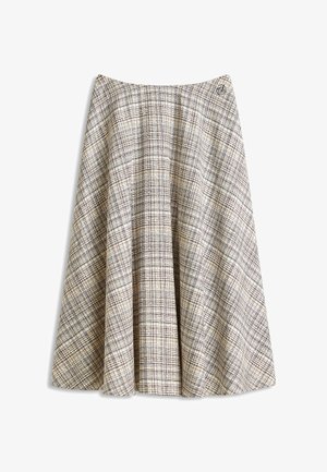 Beige A-formet nederdel med et tekstureret ternet mønster i sorte, brune og lyseblå linjer, med en lille broderet logo nær linningen.