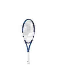 Tennisschläger mit einem blauen und weißen Rahmen, einem strukturierten Griff, offenem Saitenbild und ovalem Schlägerkopf. Leichtes Design für eine bequeme Handhabung.