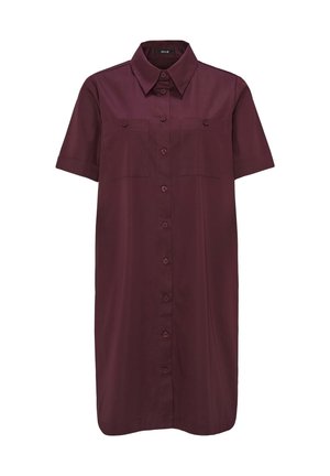 Burgundy short-sleeve shirt dress featuring a collared neck, button-front closure, and two chest pockets. Smooth fabric with a relaxed fit.