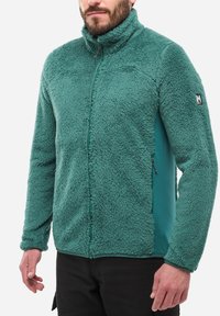 Mann in tealgrünem Reißverschluss-Fleecejacke mit hohem Kragen und schwarzen Hosen, stehend vor einem schlichten weißen Hintergrund.
