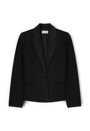 Blazer nero sartoriale con rever in satin, due bottoni anteriori e tasche con spacco, mostrato su sfondo bianco.