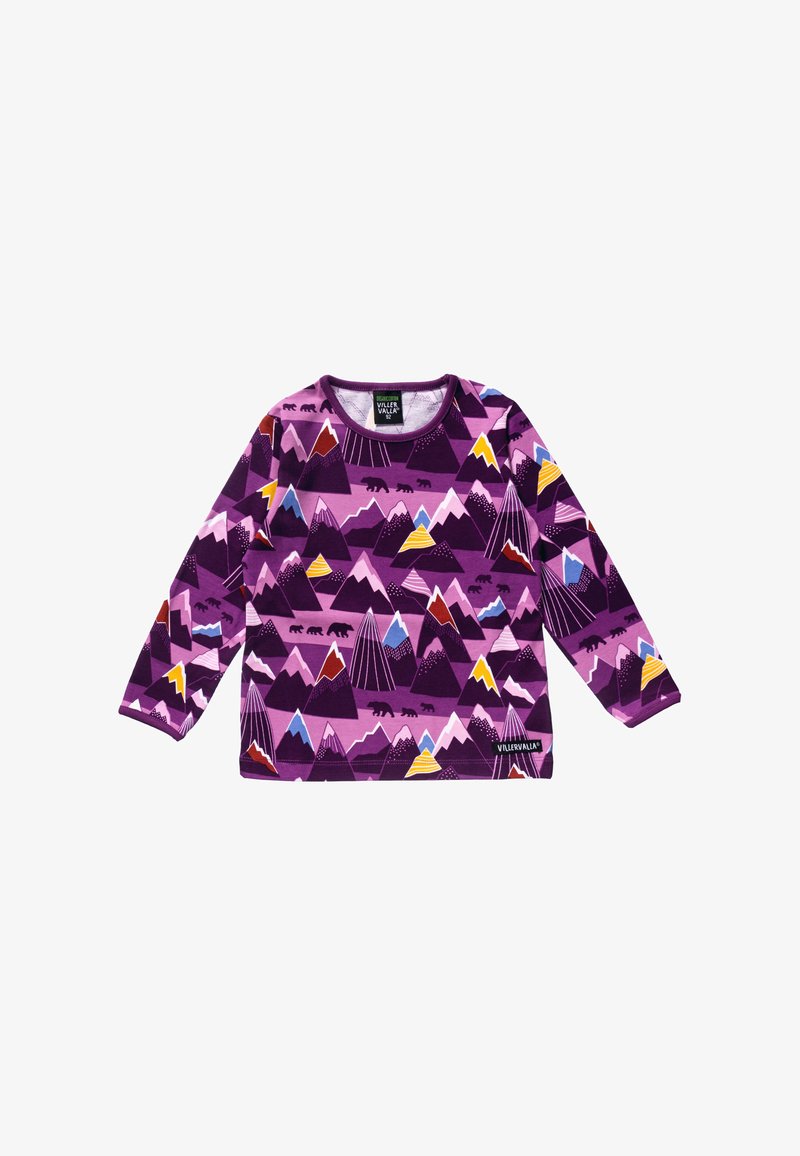 Lange mouw paars shirt voor kinderen met kleurrijke patronen van bergen en beren, ronde halslijn en VillerValla merklabel.